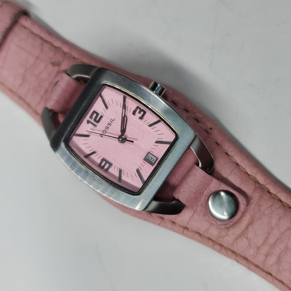 Fossil JR8479 Pink Leather Watch Y2K Barrel Case Quartz Women’s Fashion Watch